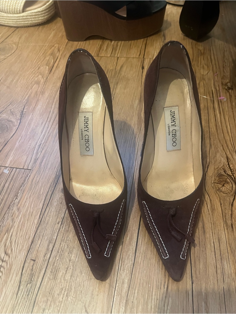 Jimmy Choo Brown Suede Pointed-Toe Pumps with Bow Accent